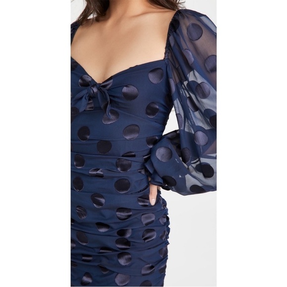 For Love And Lemons Lula Mini Dress Ruched Ruffle Navy Blue Dot Long Puff Sleeve - Picture 16 of 16